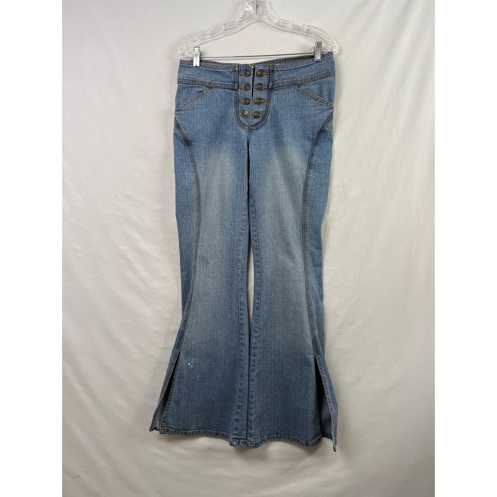 Yada Yada Flare Jeans Junior Sz 11 Blue Exposed Button Fly Split Hem Y2K Denim